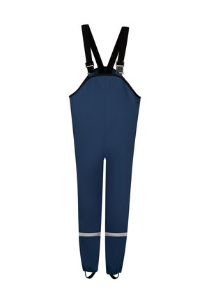 Navy blue waterproof overalls with black adjustable shoulder straps, reflective bands above the ankles, and foot straps for secure fit.