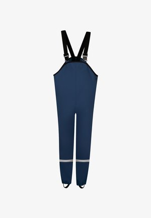 Navy blue waterproof overalls with black adjustable shoulder straps, reflective bands above the ankles, and foot straps for secure fit.