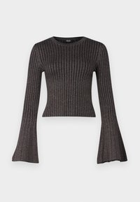 Zwarte, geribbelde longsleeve top met uitlopende mouwen en een ronde halslijn, met een subtiele glans over de stof.