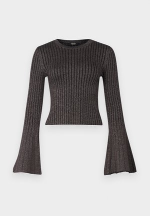 Top lungo a maniche nere, a coste, con maniche svasate e scollatura arrotondata, caratterizzato da un delicato effetto lucido su tutta la superficie del tessuto.