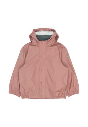 Ľahká ružová detská pršiplášťová bunda s kapucňou, patentnými gombíkmi, elastickými manžetami a reflexnými prvkami na rukávoch.