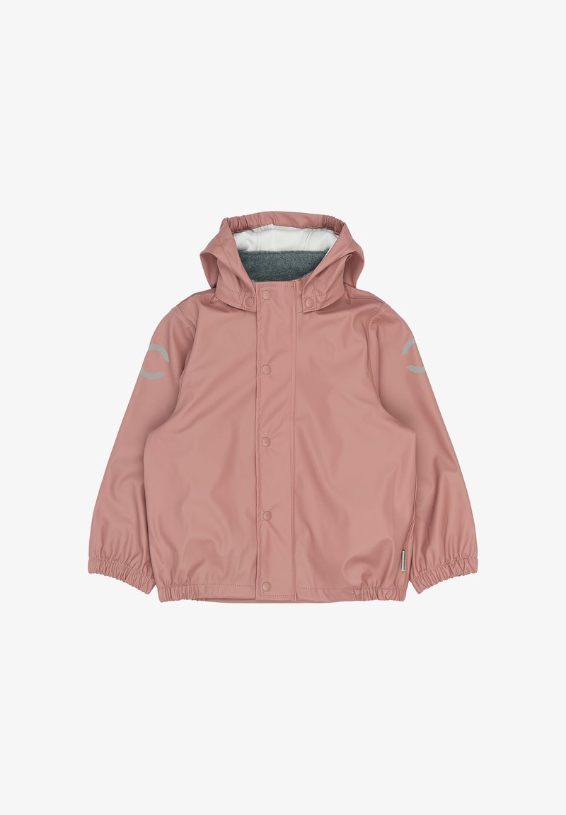 Ľahká ružová detská pršiplášťová bunda s kapucňou, patentnými gombíkmi, elastickými manžetami a reflexnými prvkami na rukávoch.