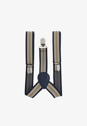 Marineblå seler med beige og hvide striber, med tre sølvfarvede metalclips og en marineblå læderlap midt på ryggen.