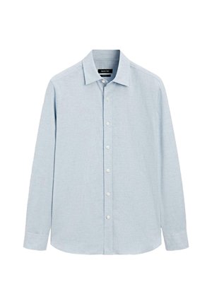 Camicia celeste a maniche lunghe con bottoni in tessuto strutturato, caratterizzata da un colletto standard, orlo dritto e sei bottoni frontali.