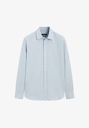 Light blue long-sleeve button-up shirt in textured fabric, featuring a standard collar, straight hem, and six front buttons.