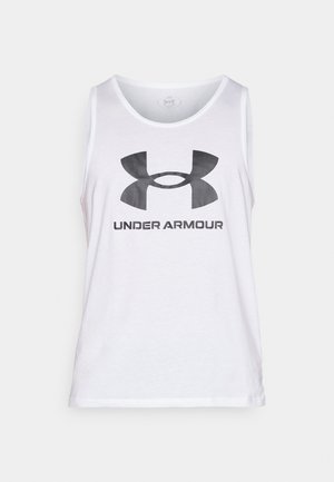 White sleeveless tank top made of cotton, featuring a large black Under Armour logo across the chest. Smooth texture, relaxed fit.