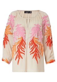 Blusa ricamata color beige con vivaci motivi di foglie rosa, arancioni e rosse. Presenta maniche lunghe e scollo a V. Tessuto testurizzato.