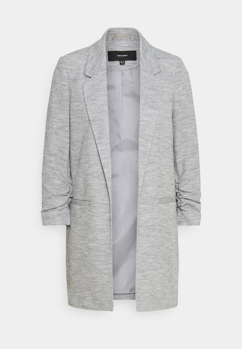 Grå blazer med strukturerad tyg, slagkragar och rynkade ärmar. Har öppen front och två sidofickor. Fodrad i ljusgrått.