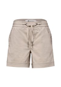 Shorts beige décontractés avec taille élastique, cordon ajustable, poches avant et ourlets pliés.