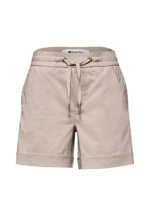Beige Freizeithosen mit elastischem Bund, verstellbarem Kordelzug, Vordertaschen und umgeschlagenen Säumen.