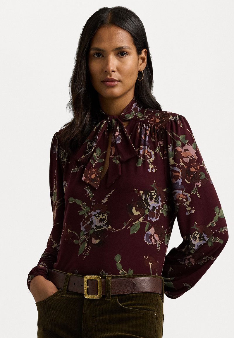 Lauren Ralph Lauren FLORAL STRETCH JERSEY TIE NECK TOP - Tops ar garām piedurknēm - burgundy multi