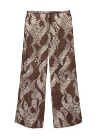 Pantaloni a gamba larga marroni e crema con motivo, dotati di una vita elastica e cordoncino, che mostrano un mix di finiture lisce e testurizzate.