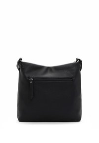 Black leather shoulder bag with a textured finish. Features a top flap and a front zippered pocket. Compact, rectangular shape.