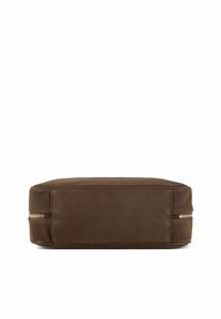Brown suede rectangular bag with a flat base, featuring two gold zippers on the sides and a smooth texture.