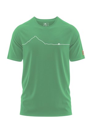Grünes kurzärmeliges T-Shirt aus weichem Material mit einer weißen Bergkontur-Grafik über der Brust und einem Logo-Patch am Ärmel.