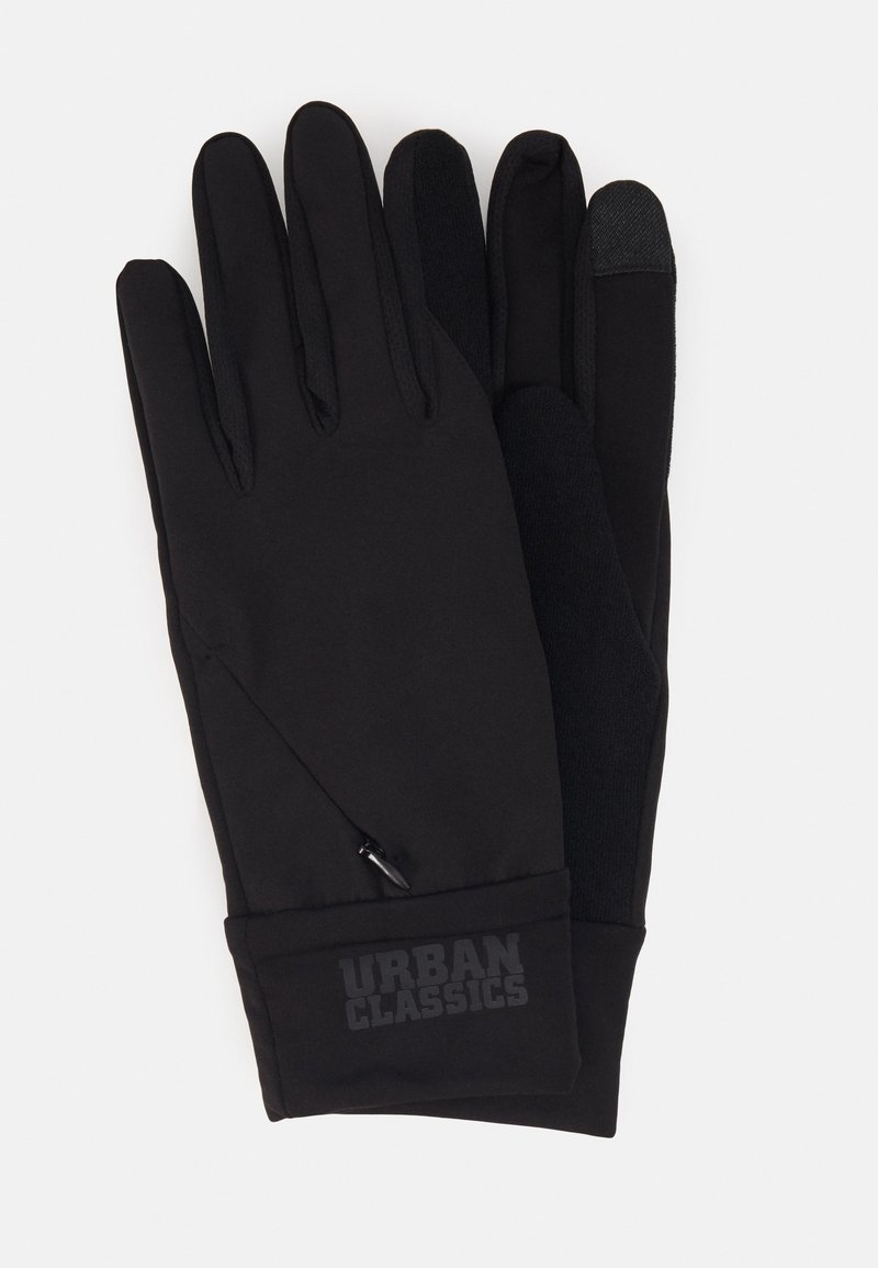 Mănuși negre cu un design elegant, dotate cu un buzunar cu fermoar, vârf texturat pentru utilizarea pe ecrane tactile și un finisaj din țesătură moale.
