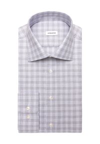 Chemise habillée homme pliée avec motif à carreaux blanc et violet clair, boutonnée devant, col pointu.
