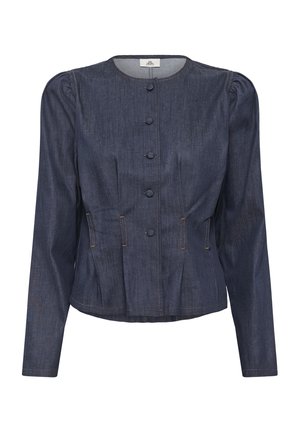 Tmavomodrá rifľová bunda s dlhými rukávmi, okrúhlym výstrihom, päťgombíkovým zapínaním vpredu, riaseným detailom v páse a jemnými ozdobnými švami.