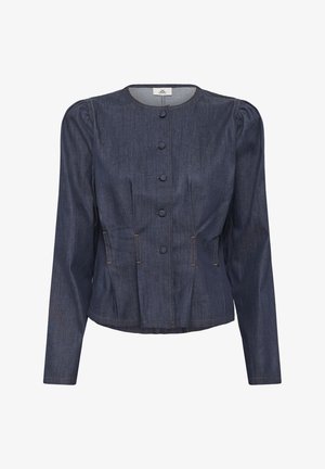 Tumša džinsa jaka ar garām piedurknēm, apaļu kakla izgriezumu, piecu pogu priekšējo aizdari, pie pleciem veidotu kroku detaļu un smalkām šuvju akcentiem.