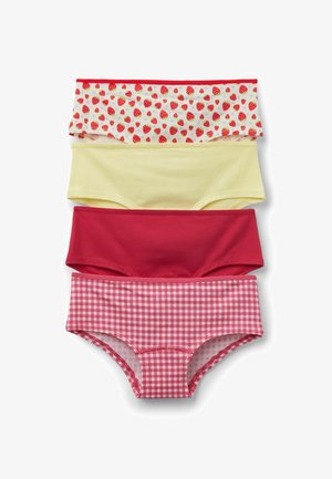 Cuatro pares de ropa interior colorida: una crema con fresas rojas, una amarilla, una roja y un patrón de cuadros rojos, todo de algodón.