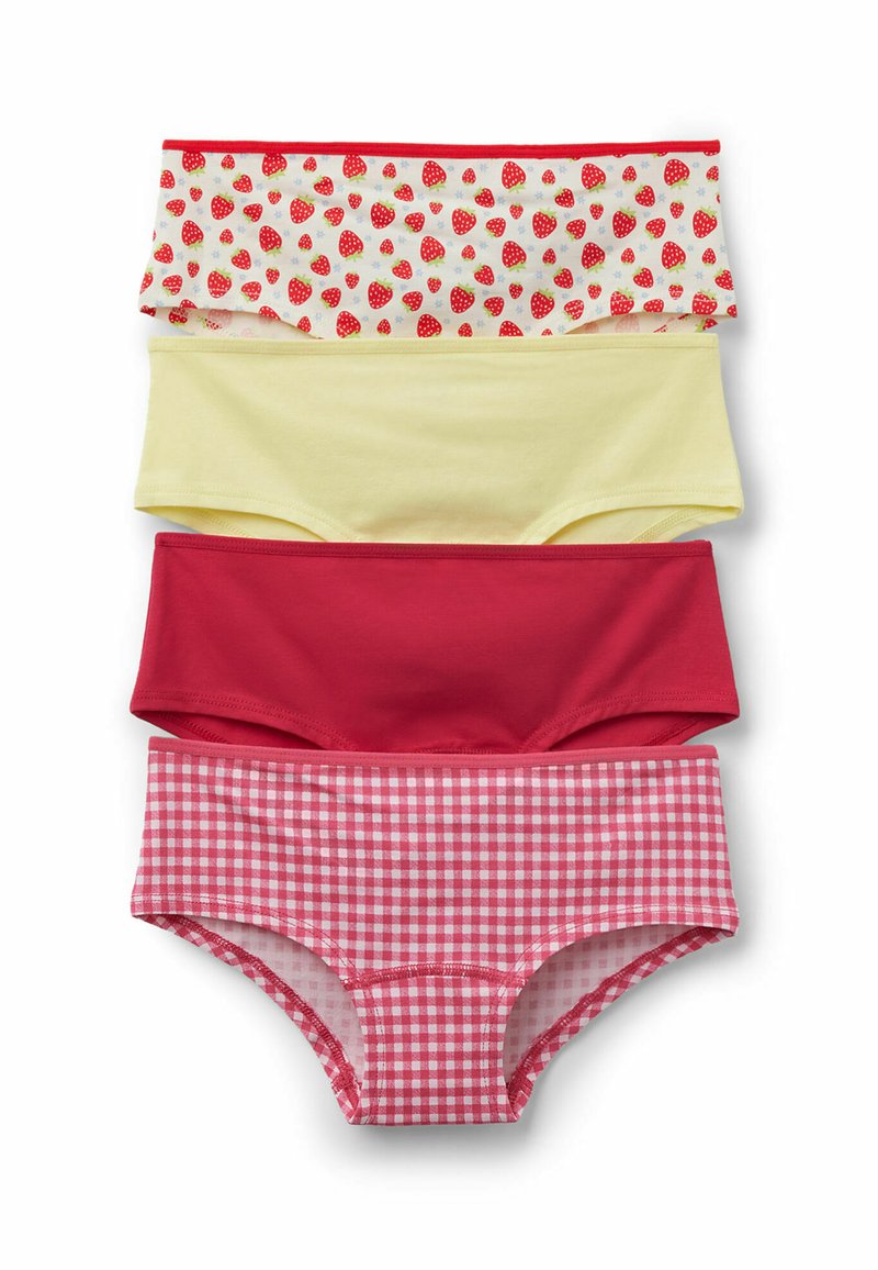 Vier Paare bunter Unterwäsche: eine cremige mit roten Erdbeeren, eine gelbe, eine rote und eine rot kariert, alle aus Baumwolle.
