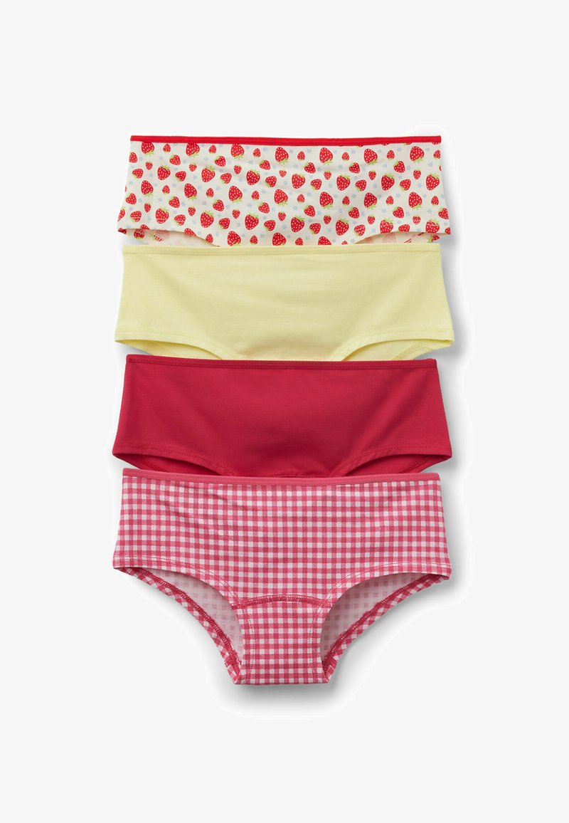 Vier Paare bunter Unterwäsche: eine cremige mit roten Erdbeeren, eine gelbe, eine rote und eine rot kariert, alle aus Baumwolle.