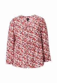 Rød og hvid bluse med blomstermønster, lange ærmer, v-hals, plisseret detalje og knaplukning foran. Letvægts stoftekstur.