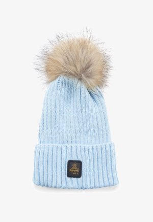 Bonnet en tricot bleu clair avec un revers côtelé retourné et un pompon en fourrure sur le dessus. Comprend une petite étiquette noire sur le revers.