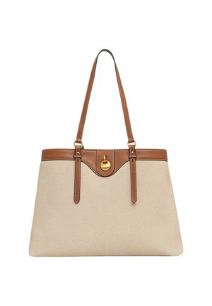 Borsa tote in tela beige con rifiniture in pelle marrone, tracolle regolabili e chiusura centrale a girello color oro.