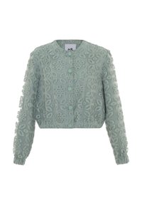 Mintgrön kort jacka med broderad blommönster, rund halsringning, knappstängning och samlade manschetter vid ärmarna.