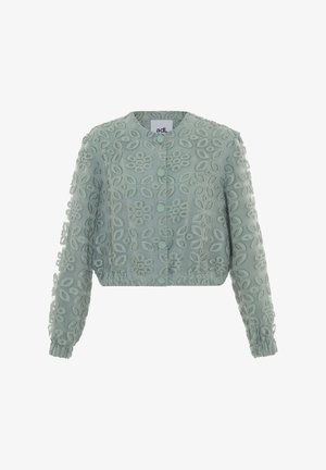 Mintgrünes, kurzes Jacket mit bestickten Blumenmuster, rundem Ausschnitt, Knopfverschluss und gerafften Manschetten an den Ärmeln.
