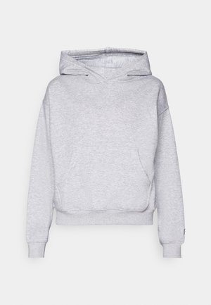 Haut à capuche gris avec cordon de serrage, poche kangourou à l'avant, poignets et ourlet côtelés. Fabriqué en tissu doux et texturé.