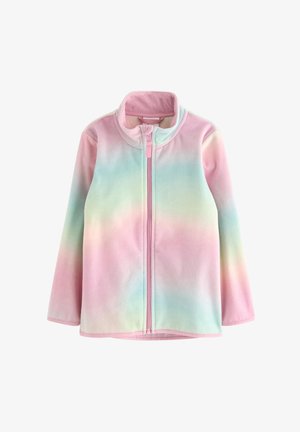 Fleecejacke in sanften Farbverläufen von Rosa, Blau und Grün. Verfügt über einen hohen Kragen und einen durchgehenden Frontreißverschluss. Weiche Textur.