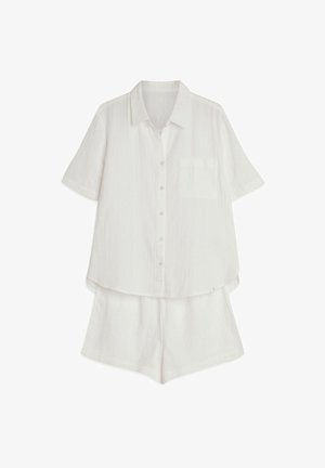 White short-sleeve shirt with button closure and pocket, paired with matching shorts. Made of lightweight, textured fabric.