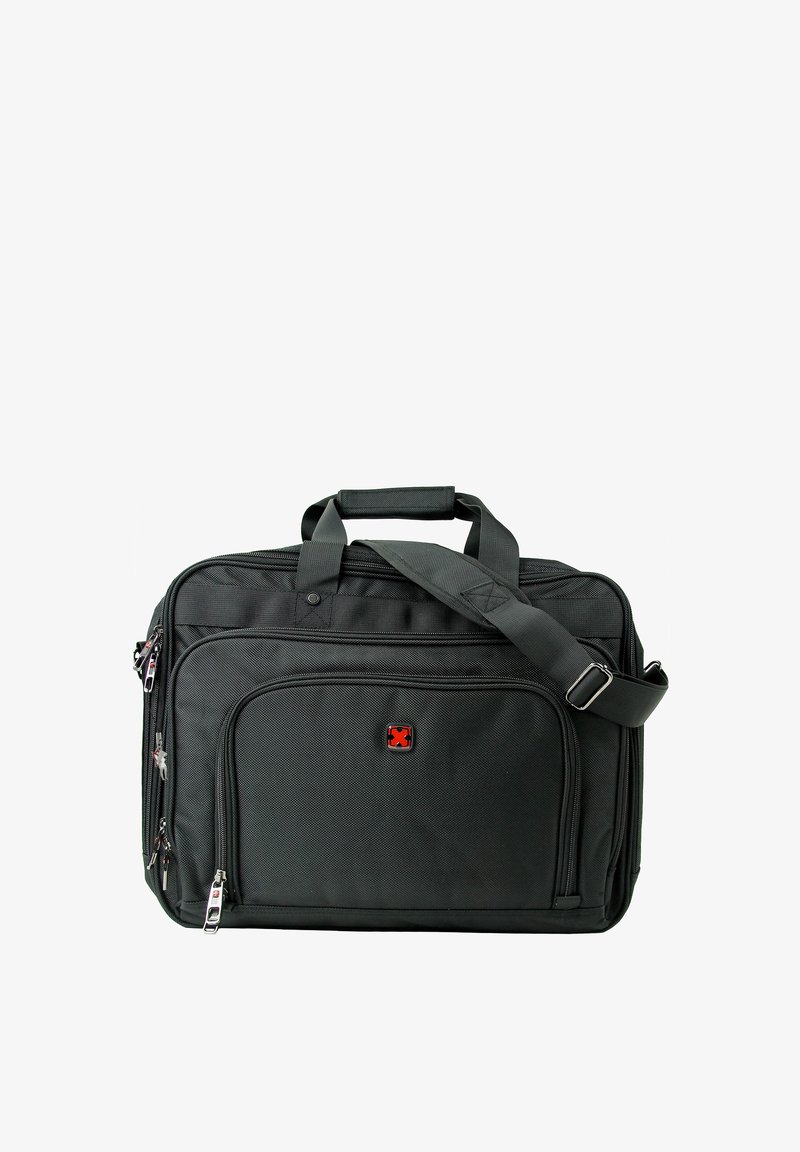 Schwarze Nylon-Aktentasche mit mehreren Reißverschlussfächern, gepolstertem Griff, abnehmbarem Schulterriemen und einem kleinen roten Logo auf der Vorderseite.