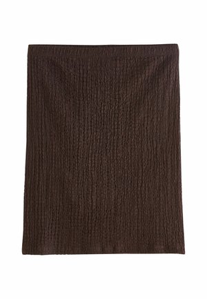 Jupe rectangulaire texturée marron foncé avec une coupe droite et un tissu légèrement extensible.