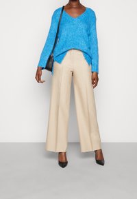 Persona che indossa un maglione a V blu brillante, pantaloni beige a gamba larga, scarpe con tacco a punta nere e una piccola borsa a tracolla nera.