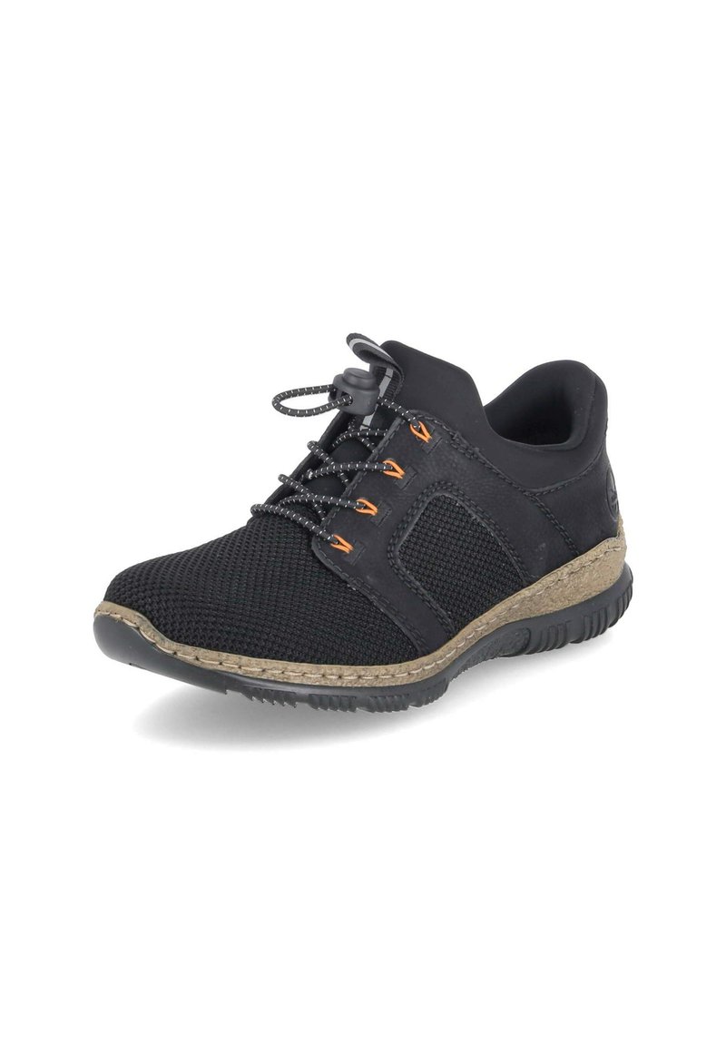 Chaussures de sport noires en mesh respirant avec semelle en caoutchouc. Elles présentent des lacets élastiques et des accents décoratifs orange. Détails texturés sur les côtés.