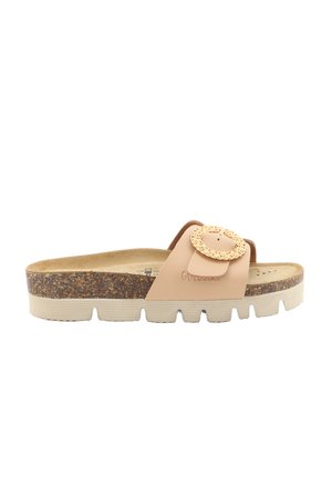 Sandalo beige open toe con plantare in sughero, suola leggera zigrinata e fibbia decorativa rotonda intrecciata sulla cinghia.