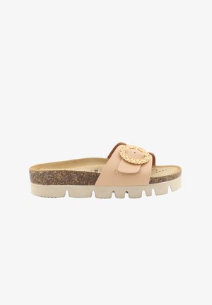 Sandalo beige open toe con plantare in sughero, suola leggera zigrinata e fibbia decorativa rotonda intrecciata sulla cinghia.