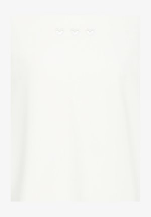 Valkoinen t-paita, jossa kolme kirjailtua sydämenmuotoa hillityssä sävyssä yläosassa edessä. Pehmeää puuvillakangasta, jossa sileä pinta.