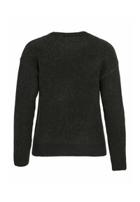 Černý vlněný svetr, pletená textura, kulatý výstřih, dlouhé rukávy, mírně volný střih, hladký povrch, minimální detaily, zobrazená zadní strana.