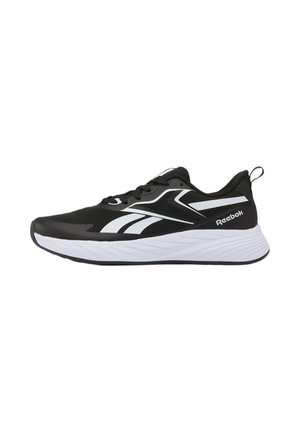 Zapatilla de running Reebok en blanco y negro con diseño de cordones, suela blanca gruesa acolchada y logo en el lateral y en la lengüeta trasera.