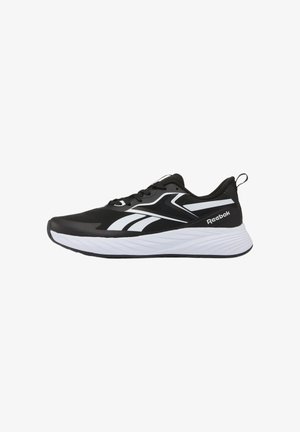 Zapatilla de running Reebok en blanco y negro con diseño de cordones, suela blanca gruesa acolchada y logo en el lateral y en la lengüeta trasera.