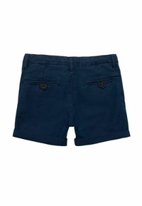 Marinblå shorts i bomull, med rullad fåll, två bakfickor med knappar och en platt midja.