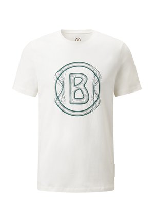 White cotton t-shirt featuring a teal abstract "B" logo in a circular design. Short sleeves and a round neckline.