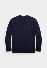 Marineblaue Langarmshirt mit Rundhalsausschnitt und kleinem roten, gestickten Polo Ralph Lauren Logo auf der linken Brust.
