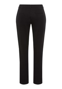 Schwarze Hose mit geradem Bein, aus glattem Stoff gefertigt, mit zwei Gesäßtaschen und standardmäßigen Taillendetails.