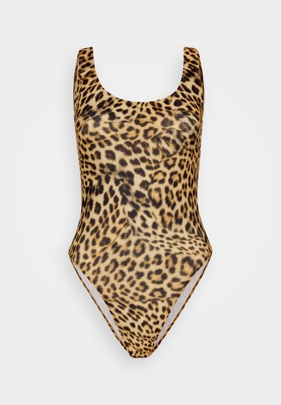 Leopard print swimsuit with a scoop neck, made of smooth fabric. Features a high-cut leg design and seamless edges for comfort.