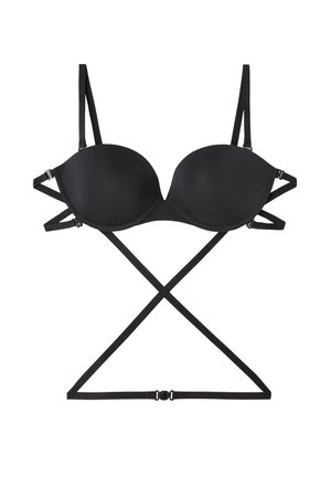 Soutien-gorge noir avec des bonnets moulés, des bretelles réglables et un motif croisillon au dos. Fabriqué à partir d'un matériau lisse avec des accents en métal.